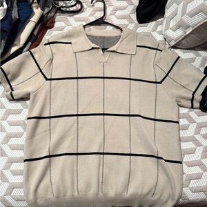 Beige Polo Shirt with Black Grid Pattern